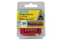 Plasplugs Solid Wall Super Grips Fixings Red & Screws Pack of 20