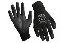 Scan Black PU Coated Gloves - L (Size 9) (12 Pairs)