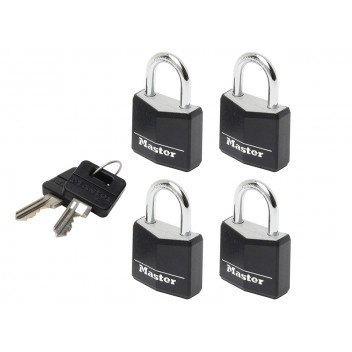 Master Lock Aluminium Black Vinyl Cover 20mm Padlock 3-Pin - Keyed Alike x 4