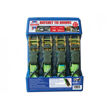 Faithfull Ratchet Tie-Downs 5m x 25mm Green 4 Piece