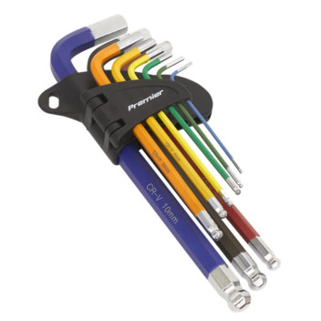 Metric Hardened Hex Key Set Long Arm Ball End Coloured 9 piece 1.5mm-10mm