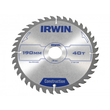 IRWIN Construction Circular Saw Blade 190 x 30mm x 40T ATB