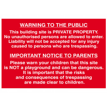 Scan Building Site Warning To Public And Parents - PVC 600 x 400mm