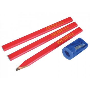 Faithfull Carpenter\'s Pencils Red (Pack 3 + Sharpener)